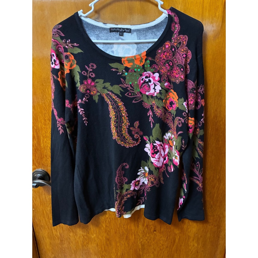 Vtg Sweater Women Large Black Floral Paisley Beaded Sequin Boho Chic